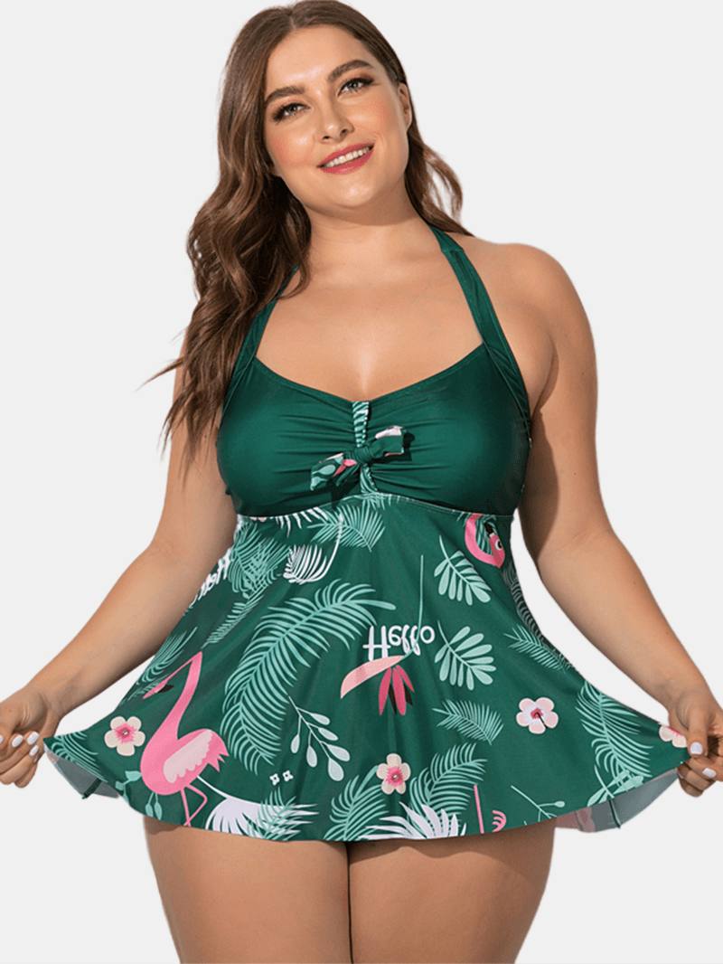 Plus Size Halter Flora Painatus Uimamekko Alushousuilla