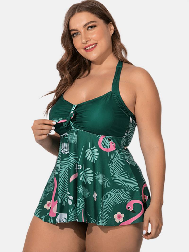 Plus Size Halter Flora Painatus Uimamekko Alushousuilla