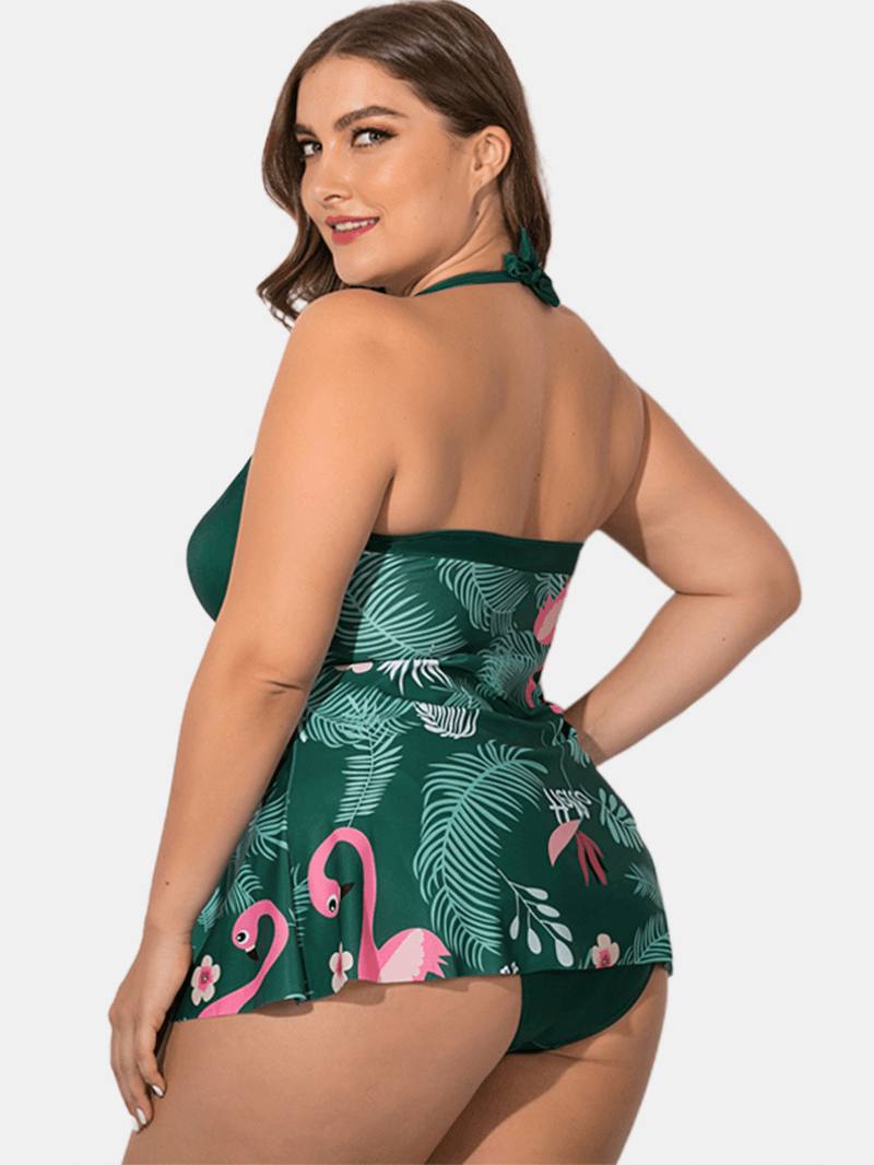 Plus Size Halter Flora Painatus Uimamekko Alushousuilla