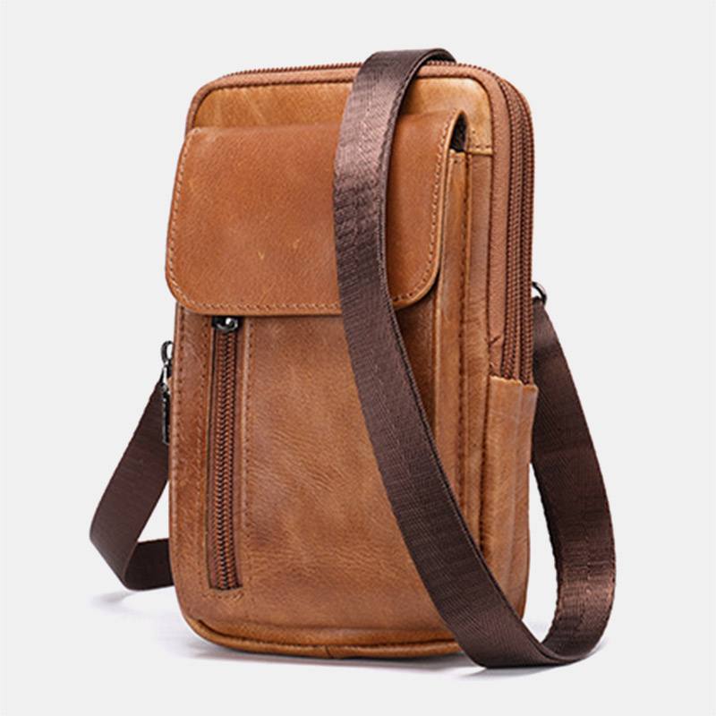 Miesten Retro Kaksikerroksinen Lehmännahkainen Vyölaukku Rento Kulumista Kestävä 6.5 Tuuman Puhelinlaukku Vyökassi Crossbody Laukku Olkalaukku