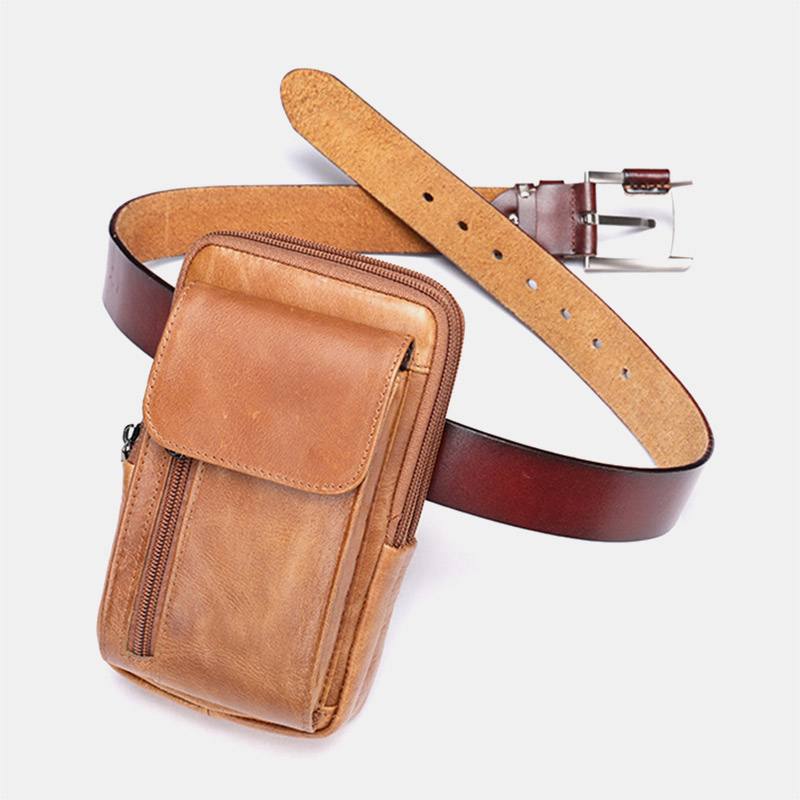 Miesten Retro Kaksikerroksinen Lehmännahkainen Vyölaukku Rento Kulumista Kestävä 6.5 Tuuman Puhelinlaukku Vyökassi Crossbody Laukku Olkalaukku