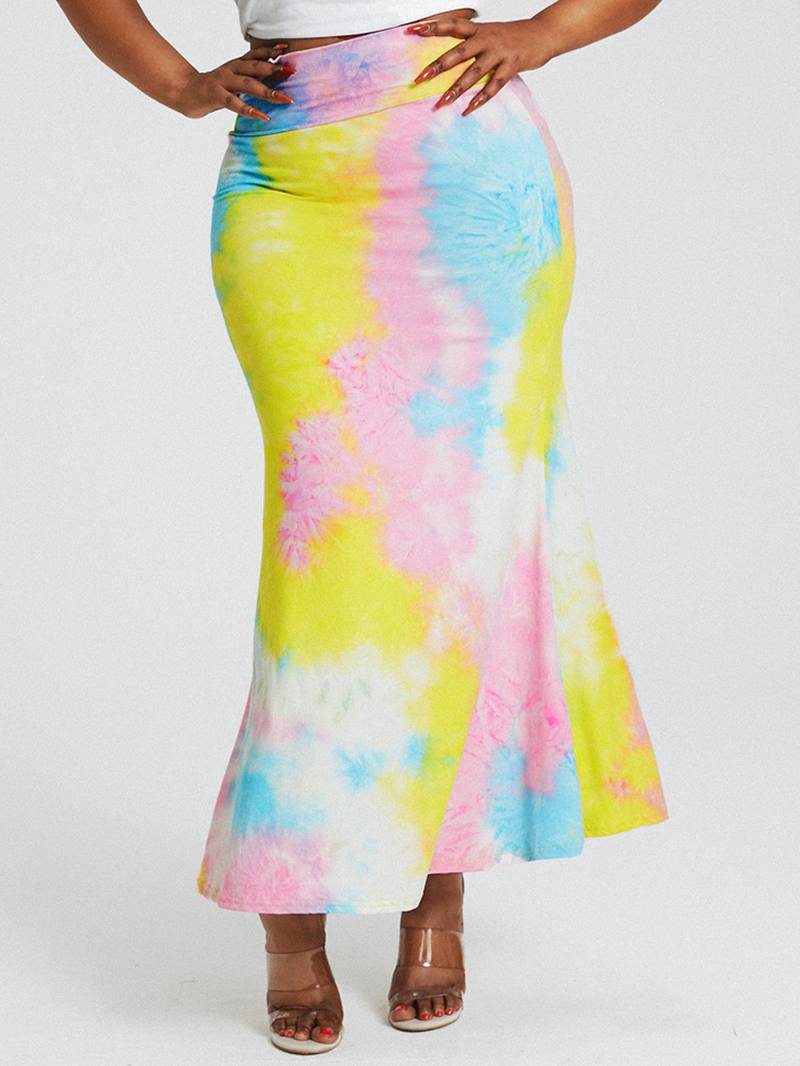 Tie Dye Painatus Korkea Vyötärö Pakarat Bodycon Pitkä Hame