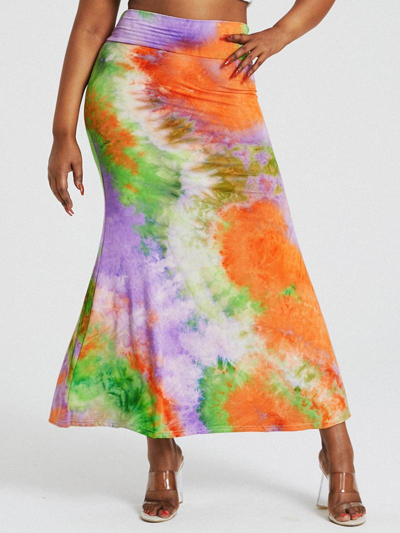 Tie Dye Painatus Korkea Vyötärö Pakarat Bodycon Pitkä Hame