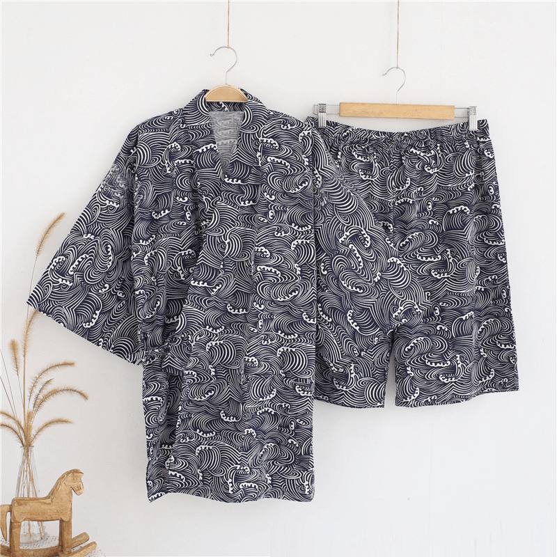 2 Kpl Miesten Kimono Yukata Pyjamat Japanilaistyylinen Kylpytakki Kukkakuvioinen Yöpuku