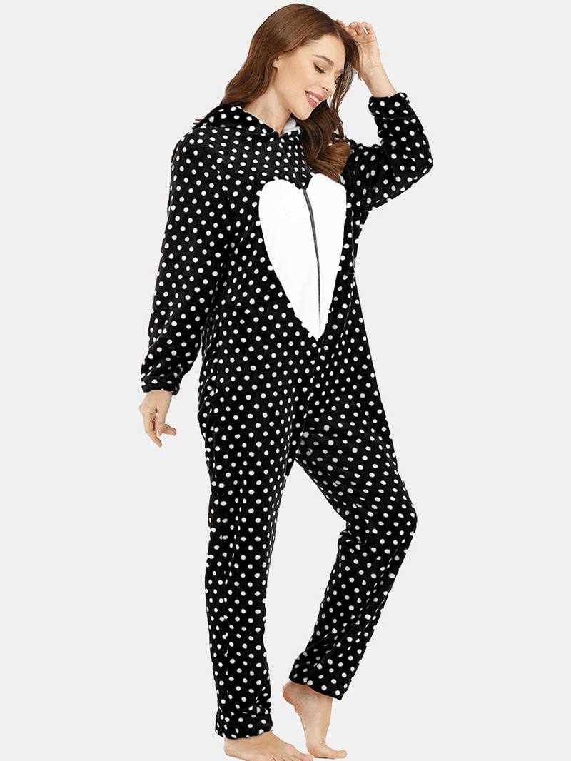 Flanelli Edessä Vetoketju Polka Dot Onesie Pitkähihainen Animals Pyjama Set