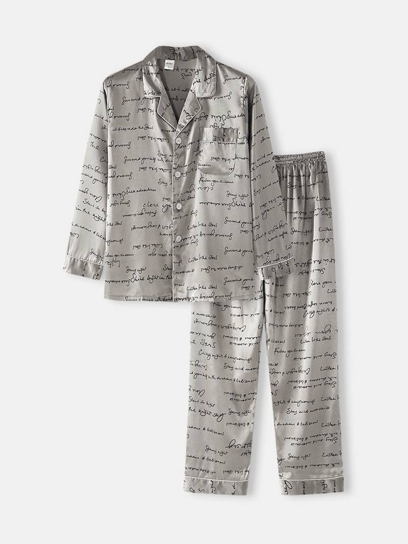 Miesten Allover Slogan Painatus Flap Pocket Faux Silk Home Pitkähihainen Lounge Pyjama