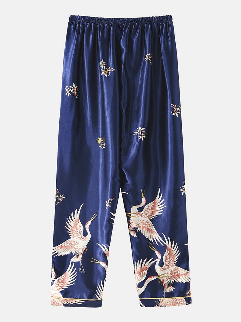 Miesten Crane Painatus Faux Silk Home Revere Kaulus Pitkähihainen Löysä Lounge Pyjama Set