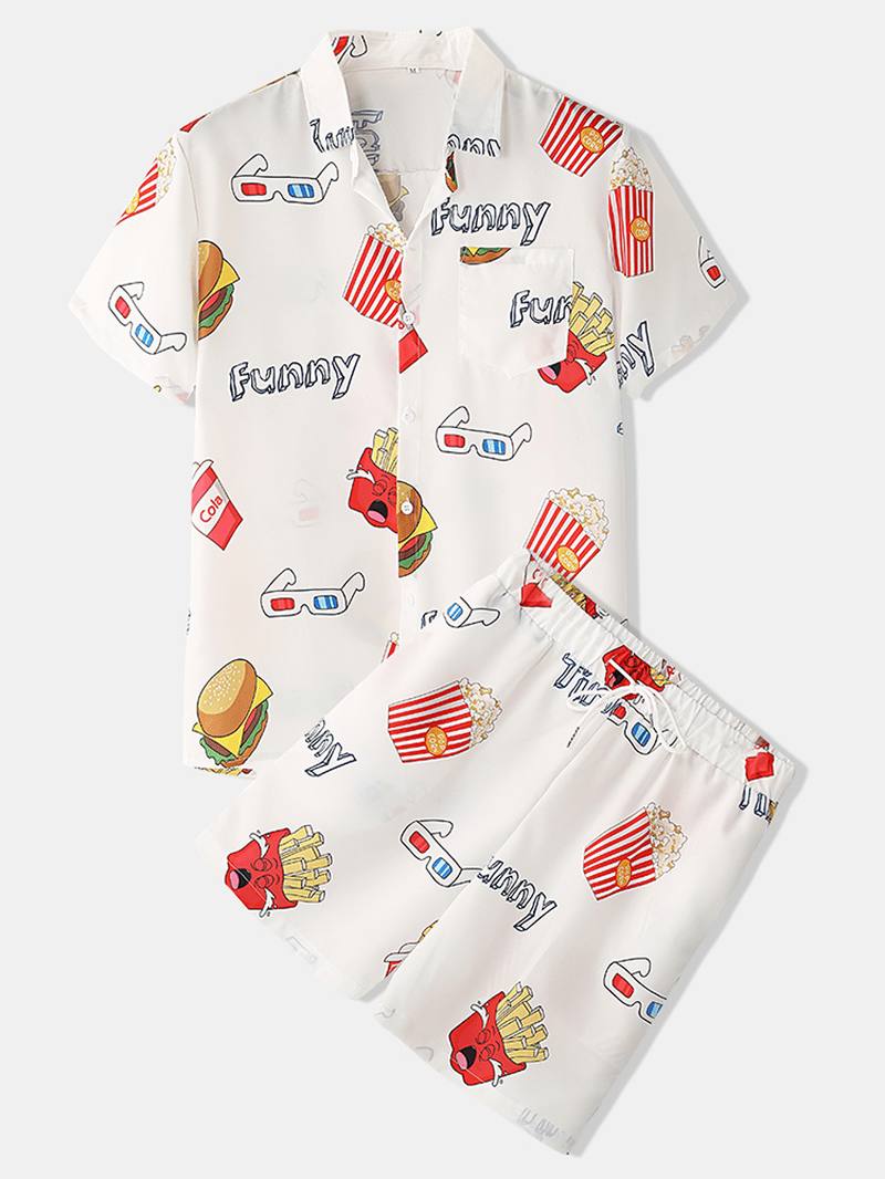 Miesten Funny Fruit Hamburger Painatus Pyjama-setti Kaksiosainen Lyhythihainen Kesäyöasu