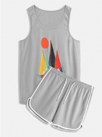 Miesten Funny Geometric Block Painatus Sleepwear Tank Top Joustavat Vyötäröshortsit Koti Pyjama-setti