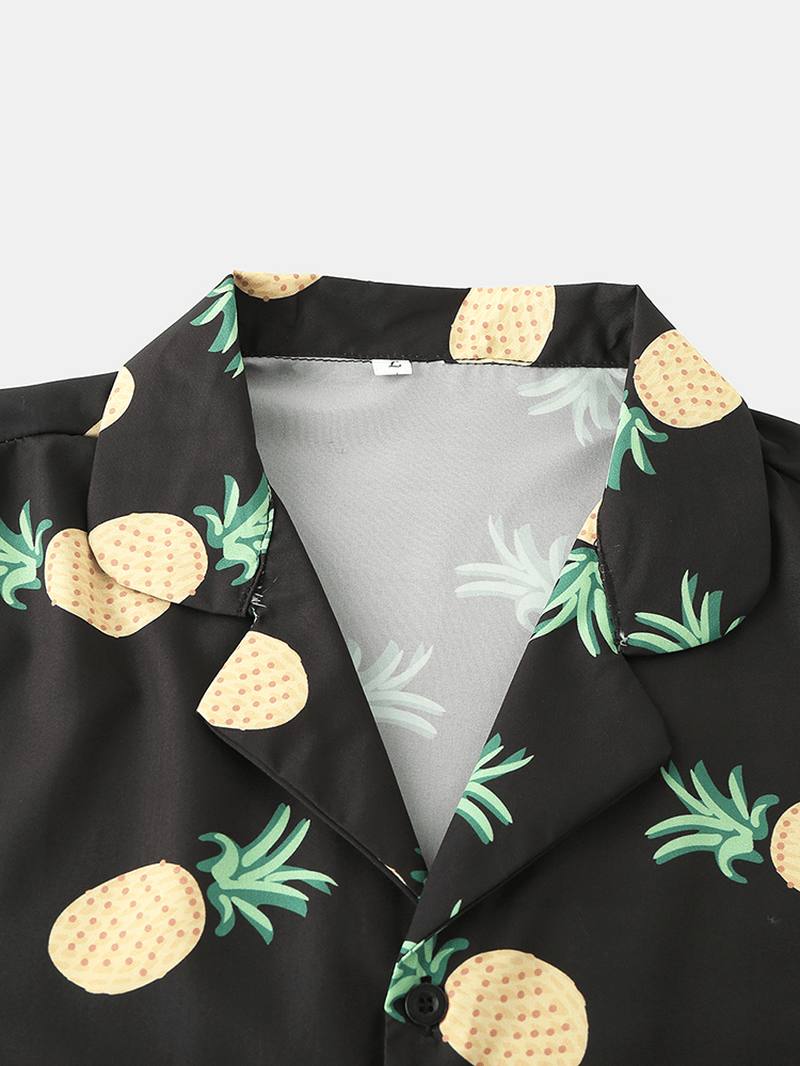 Miesten Funny Sarjakuva Ananas Painatus Black Pyjama Set Summer Home Sleepwear