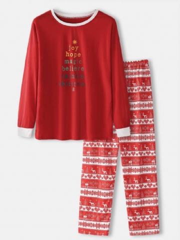 Miesten Joulutekstipainatus Top Elk Pattern Loose Pants Kaksiosainen Home Lounge Pyjamasetti