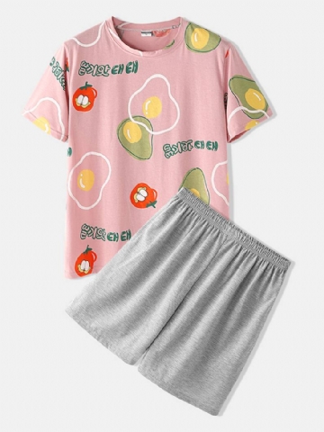 Miesten Rento Cartoon Fruit Painatus Pyöreä Kaula Lyhythihainen Löysä Pyjama-setti