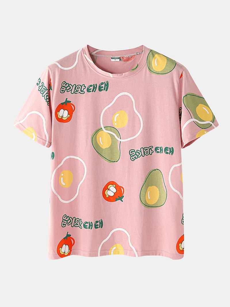 Miesten Rento Cartoon Fruit Painatus Pyöreä Kaula Lyhythihainen Löysä Pyjama-setti