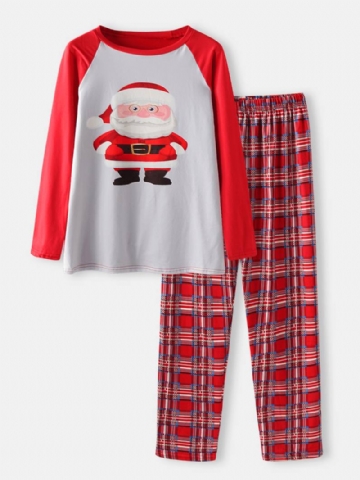 Miesten Sarjakuva Santa Claus Painatus Raglan Sleeve Löysät Plaid Pants Home Lounge Pyjamasetti