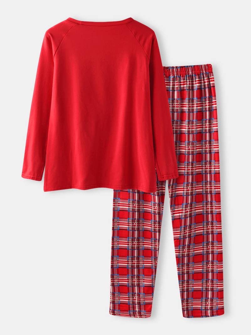 Miesten Sarjakuva Santa Claus Painatus Raglan Sleeve Löysät Plaid Pants Home Lounge Pyjamasetti