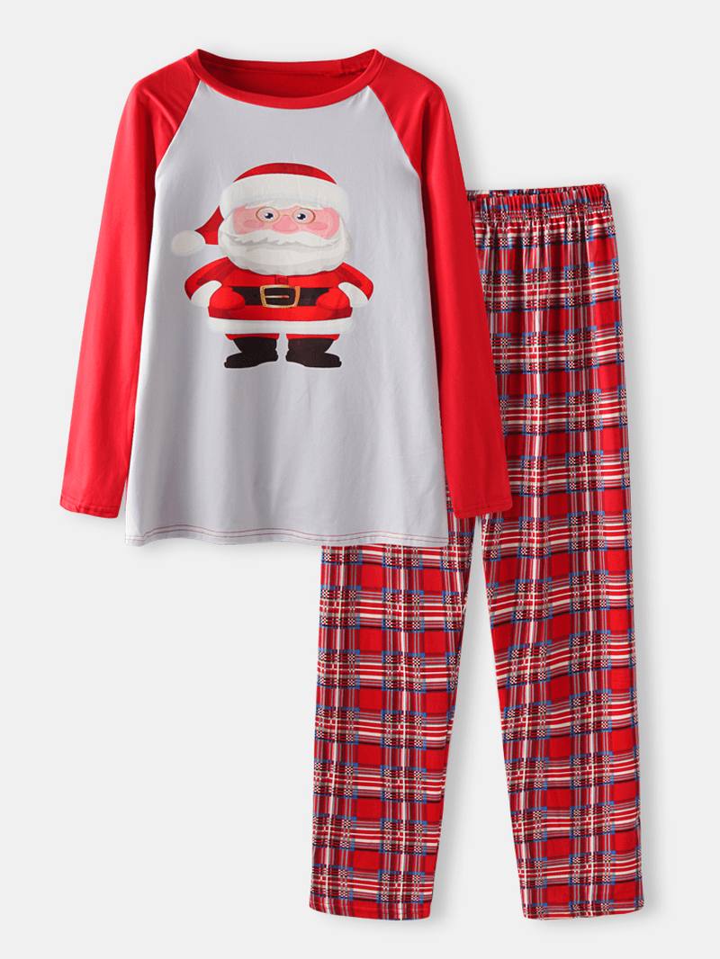 Miesten Sarjakuva Santa Claus Painatus Raglan Sleeve Löysät Plaid Pants Home Lounge Pyjamasetti