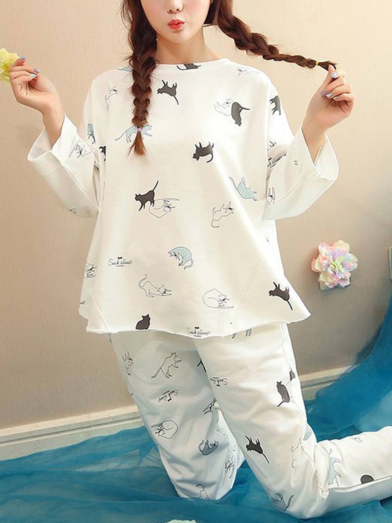 Naiset Funny Cartoon Kissa Painatus Pyöreä Kaula Tasku Pitkähihainen Koti Pyjama Set