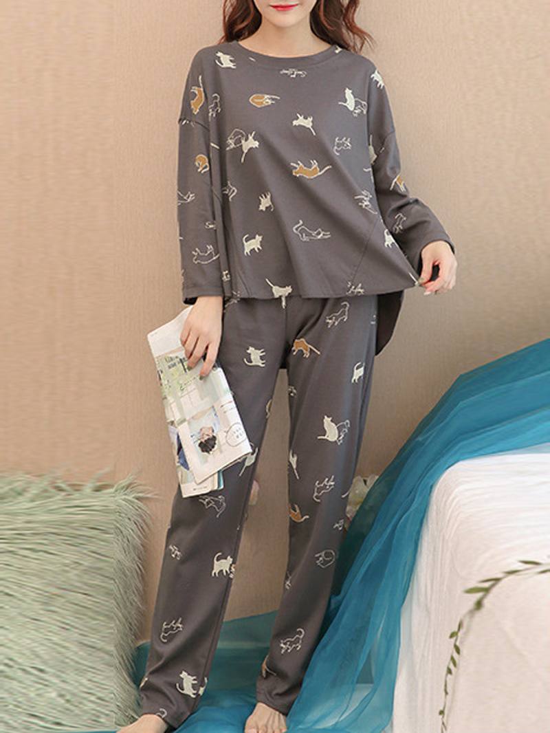 Naiset Funny Cartoon Kissa Painatus Pyöreä Kaula Tasku Pitkähihainen Koti Pyjama Set