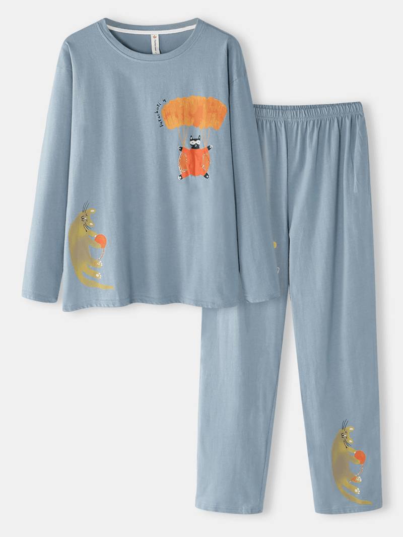 Naiset Funny Cartoon Kissa Painatus Pyöreä Pääntie Neulepusero Joustava Vyötärö Koti Puuvilla Pyjama Set