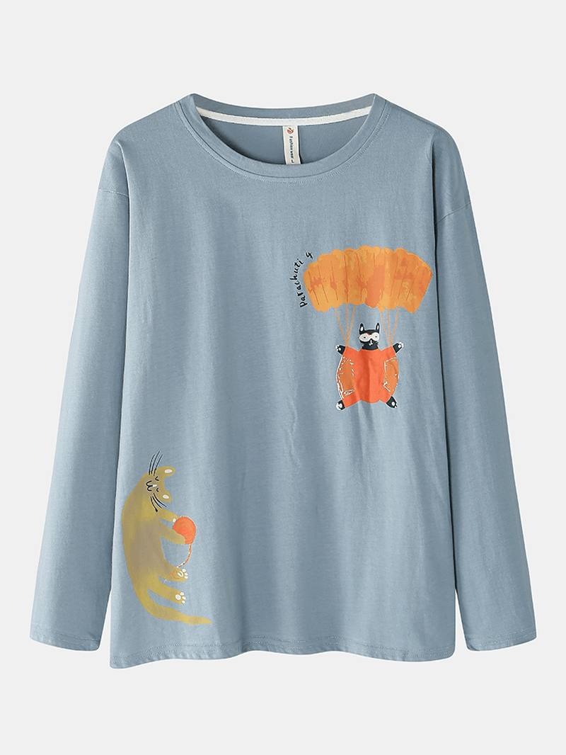 Naiset Funny Cartoon Kissa Painatus Pyöreä Pääntie Neulepusero Joustava Vyötärö Koti Puuvilla Pyjama Set