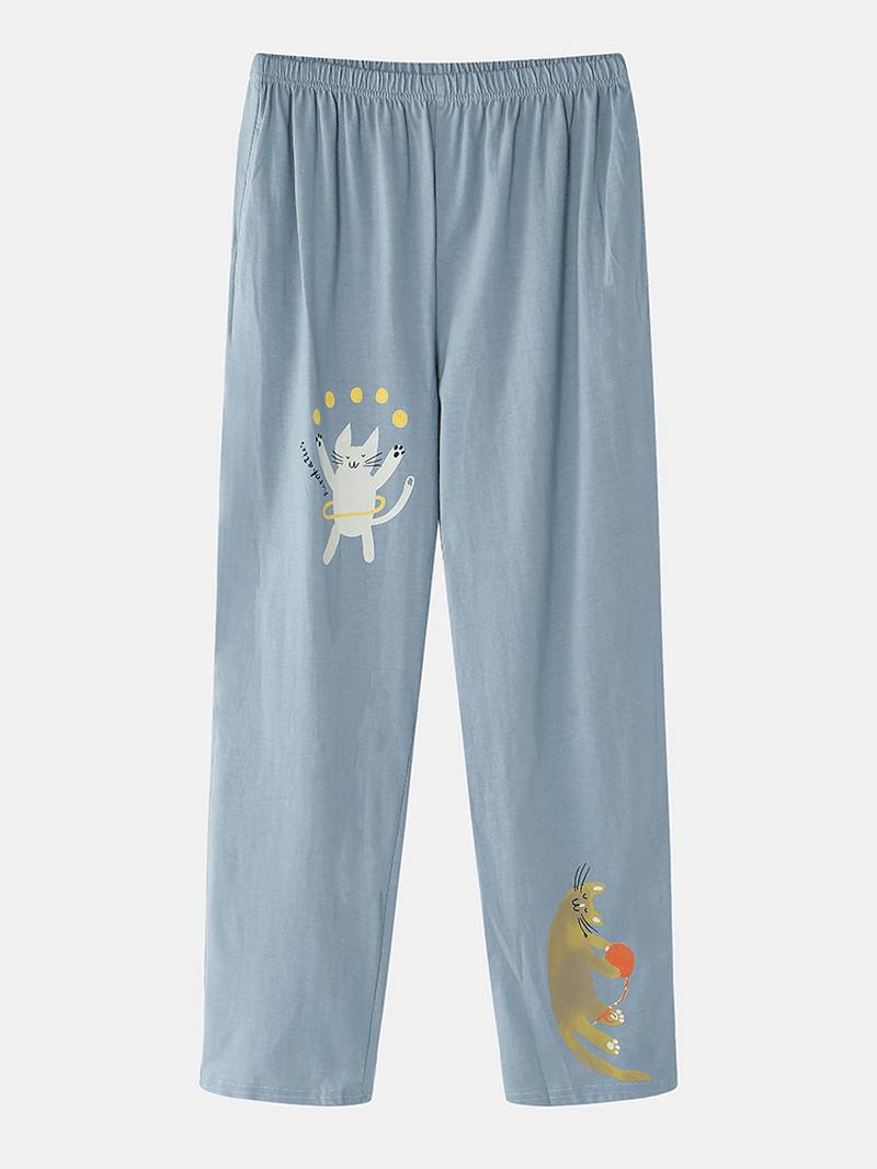 Naiset Funny Cartoon Kissa Painatus Pyöreä Pääntie Neulepusero Joustava Vyötärö Koti Puuvilla Pyjama Set