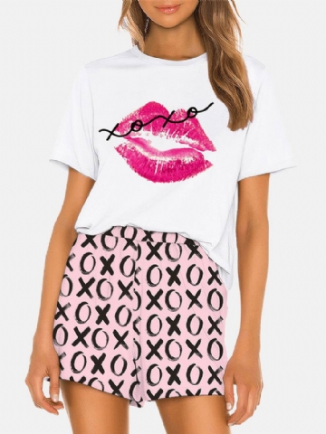 Naiset Funny Kiss Letter Painatus Löysä Painatusti Löysä Hengittävä Pyjamasetti