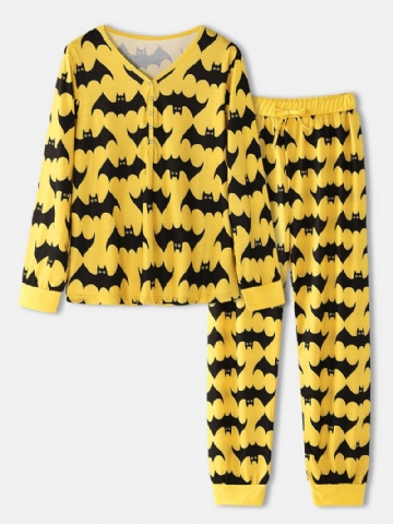 Naisten Allover Cartoon Bat Painatus V-kaula-pitkähihainen Toppi Kiristysnyörillä Jogger-housut Kotiin Pyjama-setti