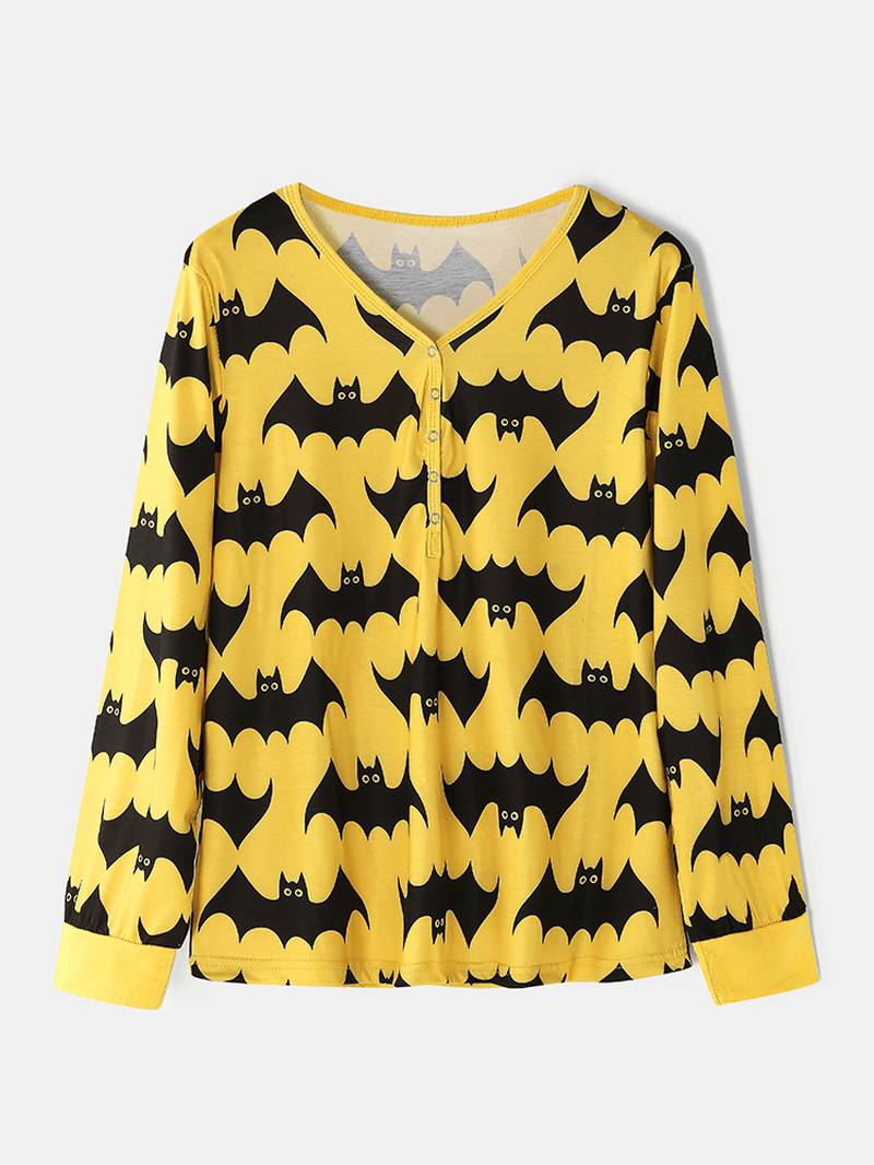 Naisten Allover Cartoon Bat Painatus V-kaula-pitkähihainen Toppi Kiristysnyörillä Jogger-housut Kotiin Pyjama-setti