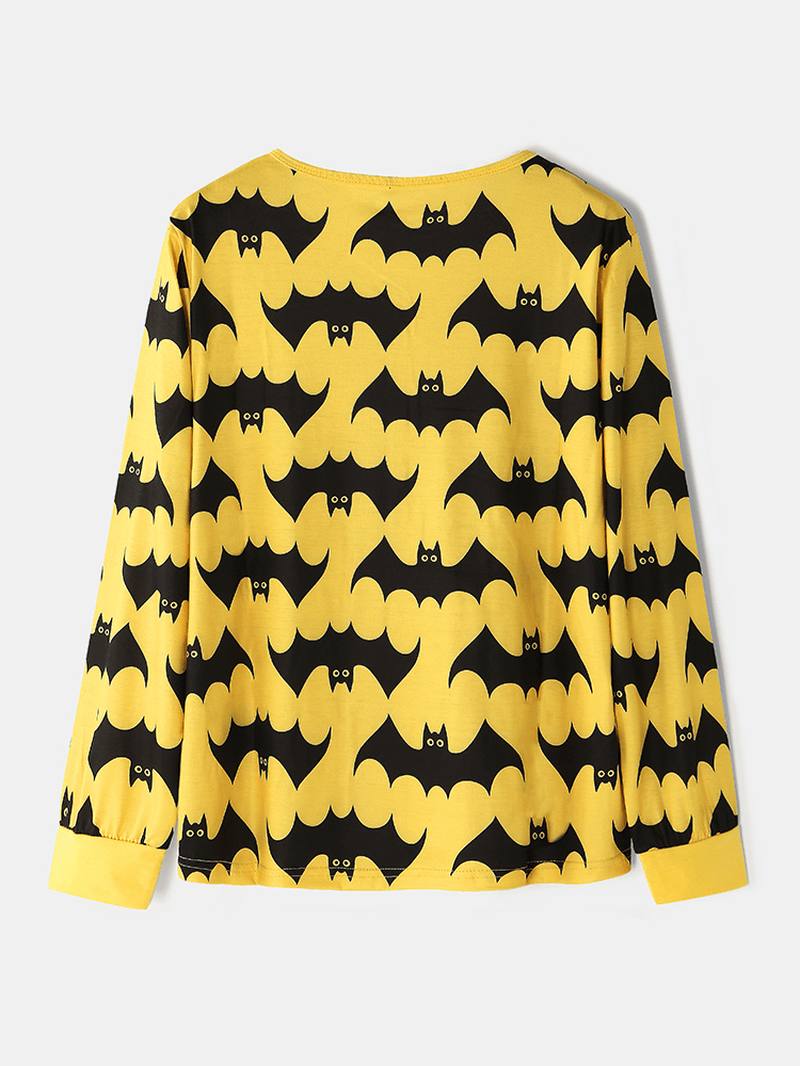 Naisten Allover Cartoon Bat Painatus V-kaula-pitkähihainen Toppi Kiristysnyörillä Jogger-housut Kotiin Pyjama-setti