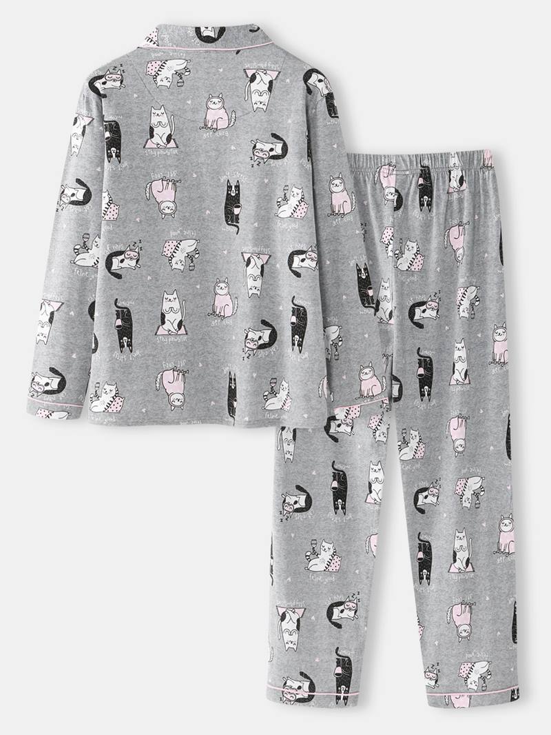 Naisten Allover Cartoon Kissa Painatus Rintaneula Pitkähihainen Puuvilla Loungewear Koti Pyjamasetit