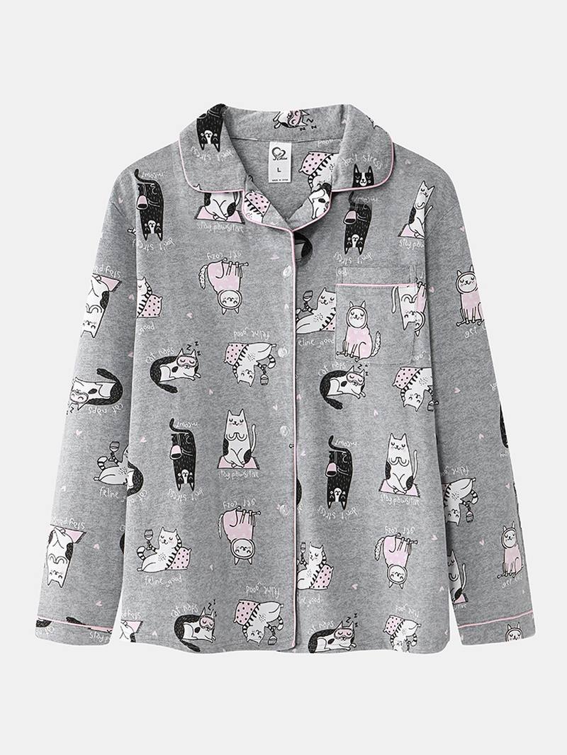 Naisten Allover Cartoon Kissa Painatus Rintaneula Pitkähihainen Puuvilla Loungewear Koti Pyjamasetit