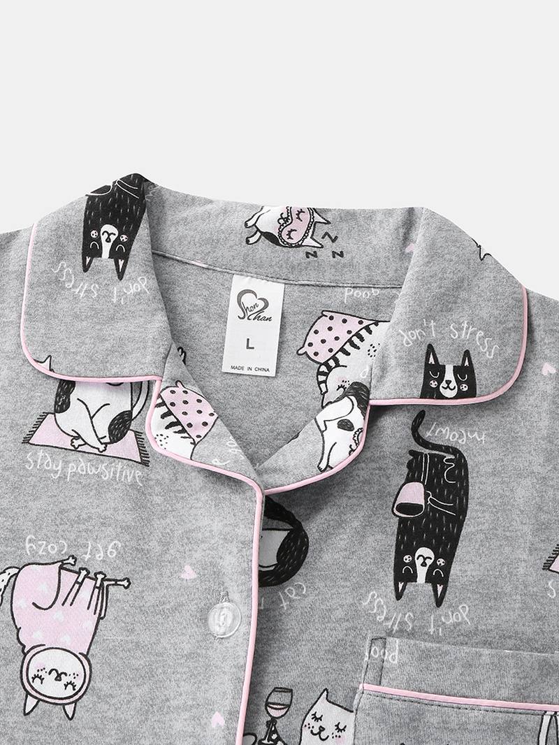 Naisten Allover Cartoon Kissa Painatus Rintaneula Pitkähihainen Puuvilla Loungewear Koti Pyjamasetit