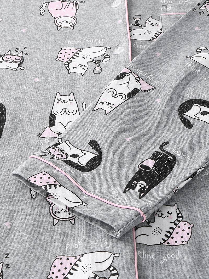 Naisten Allover Cartoon Kissa Painatus Rintaneula Pitkähihainen Puuvilla Loungewear Koti Pyjamasetit