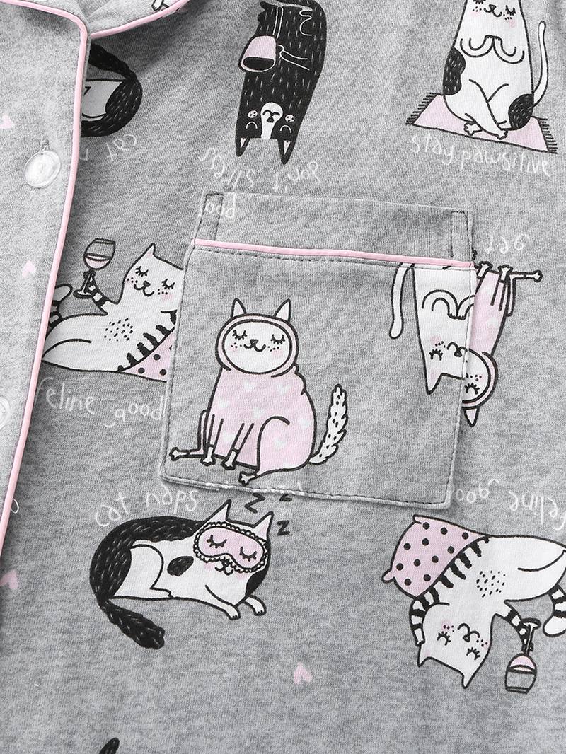 Naisten Allover Cartoon Kissa Painatus Rintaneula Pitkähihainen Puuvilla Loungewear Koti Pyjamasetit