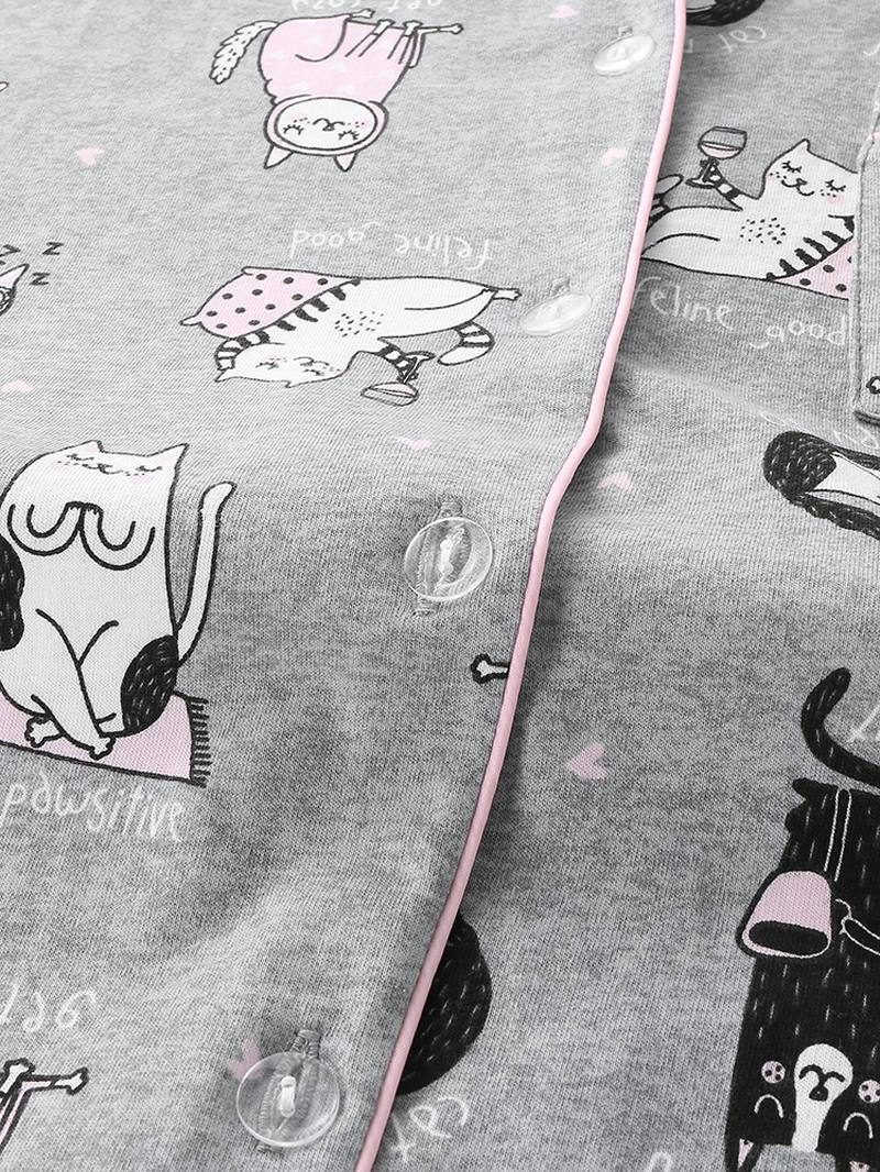 Naisten Allover Cartoon Kissa Painatus Rintaneula Pitkähihainen Puuvilla Loungewear Koti Pyjamasetit