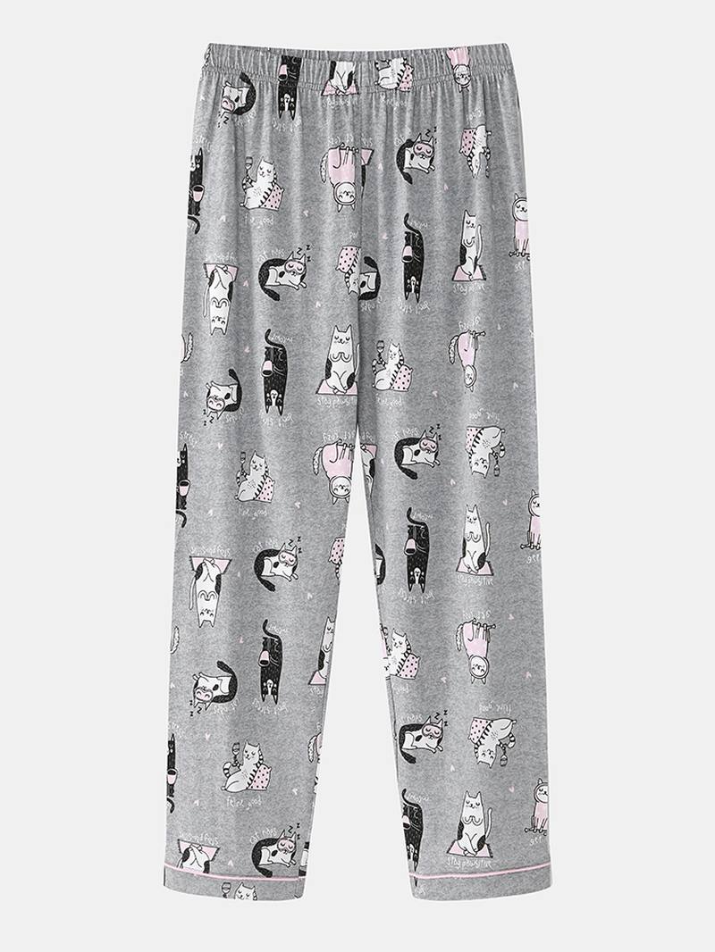 Naisten Allover Cartoon Kissa Painatus Rintaneula Pitkähihainen Puuvilla Loungewear Koti Pyjamasetit