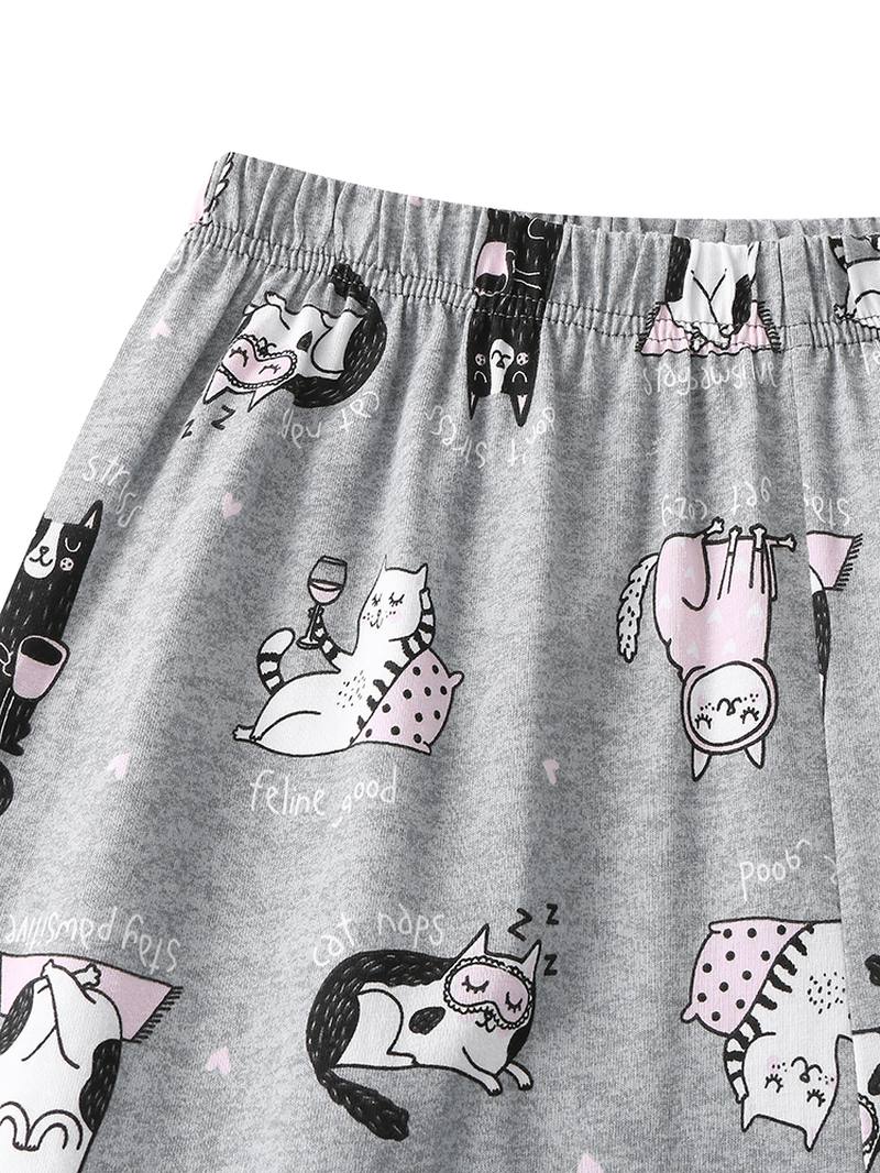 Naisten Allover Cartoon Kissa Painatus Rintaneula Pitkähihainen Puuvilla Loungewear Koti Pyjamasetit