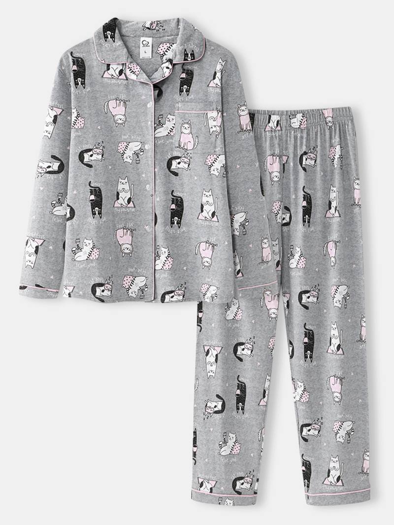 Naisten Allover Cartoon Kissa Painatus Rintaneula Pitkähihainen Puuvilla Loungewear Koti Pyjamasetit