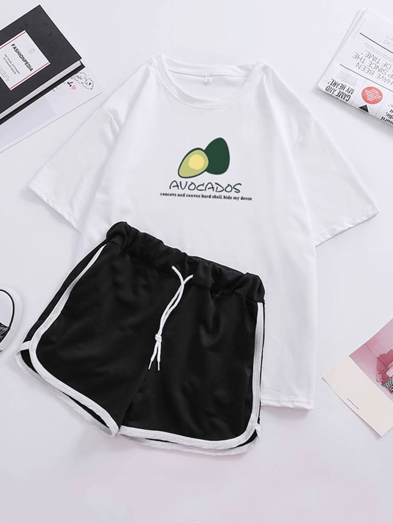 Naisten Avocado Painatus Pyjama Short Set Kiristysnyörillä Urheilushortsit Loungewear