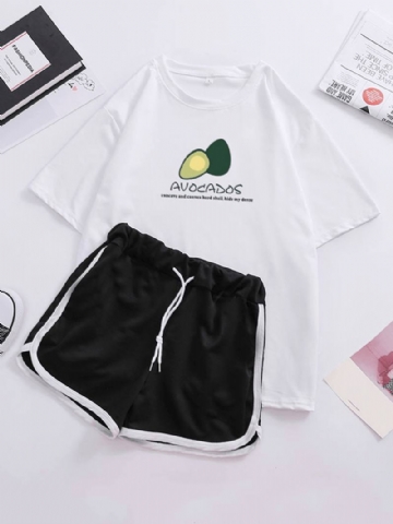 Naisten Avocado Painatus Pyjama Short Set Kiristysnyörillä Urheilushortsit Loungewear