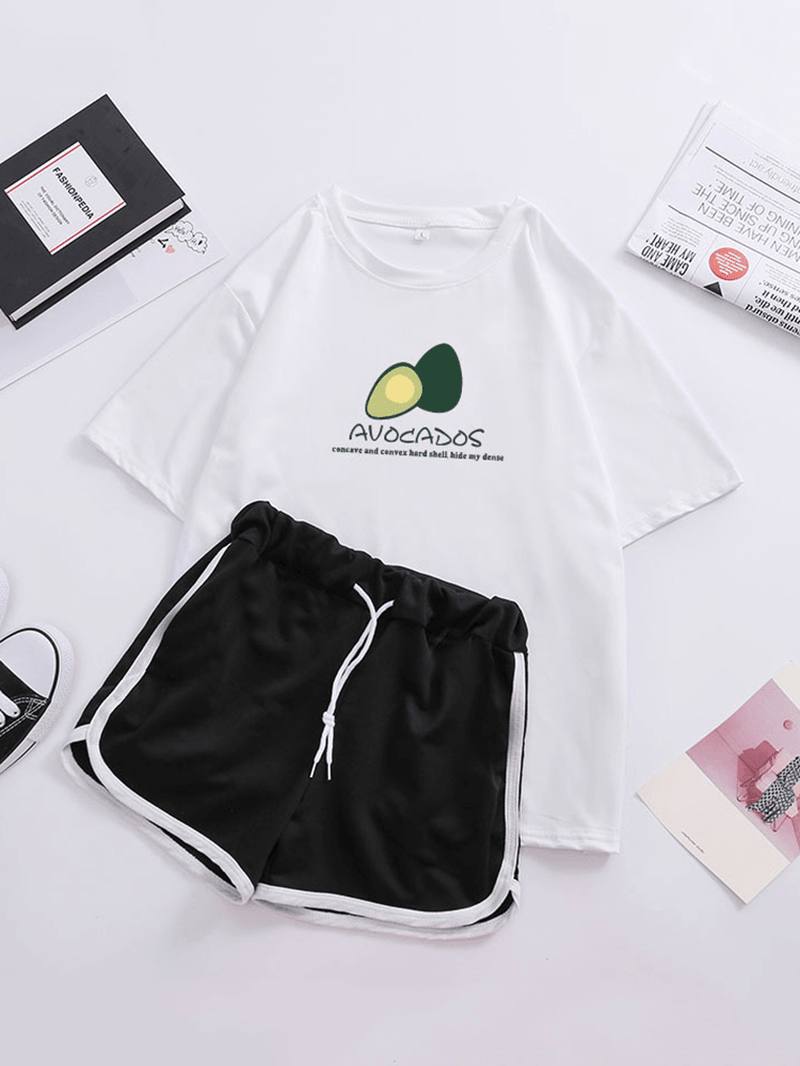 Naisten Avocado Painatus Pyjama Short Set Kiristysnyörillä Urheilushortsit Loungewear