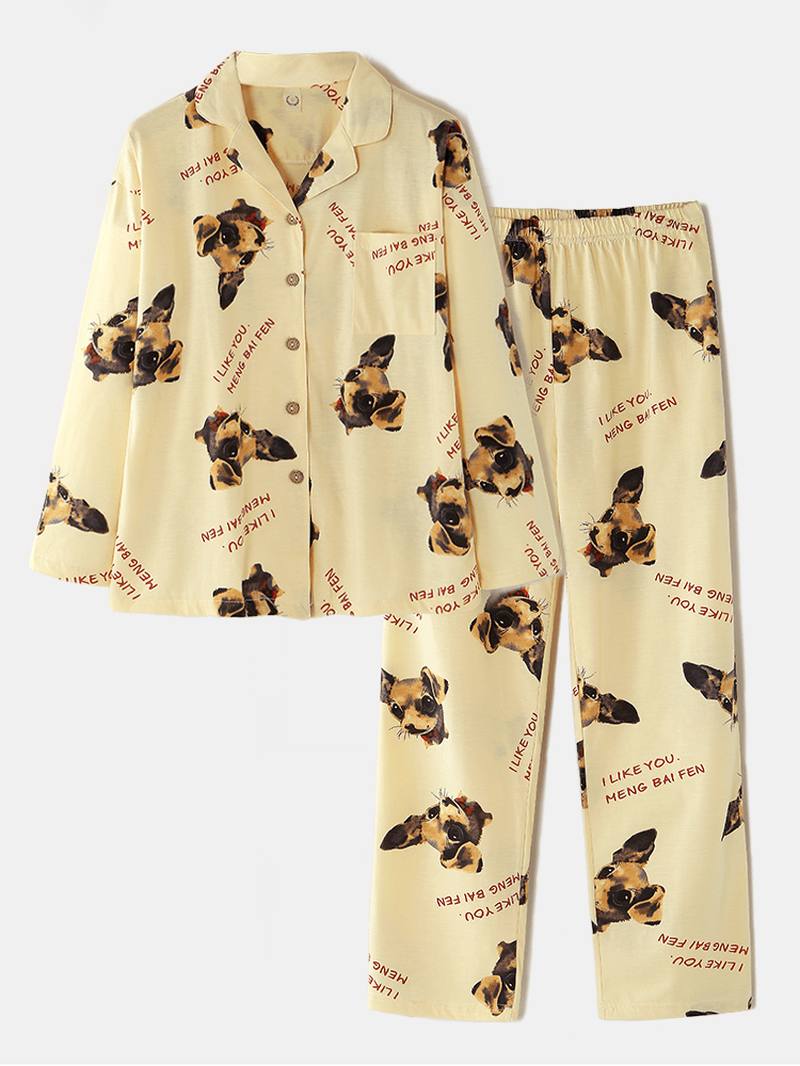 Naisten Dog Pattern Slogan Painatus Pitkähihainen Tasku Koti Pitkähihainen Puuvillainen Pyjamasetti