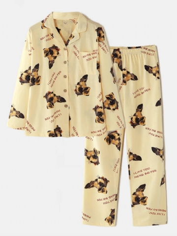 Naisten Dog Pattern Slogan Painatus Pitkähihainen Tasku Koti Pitkähihainen Puuvillainen Pyjamasetti