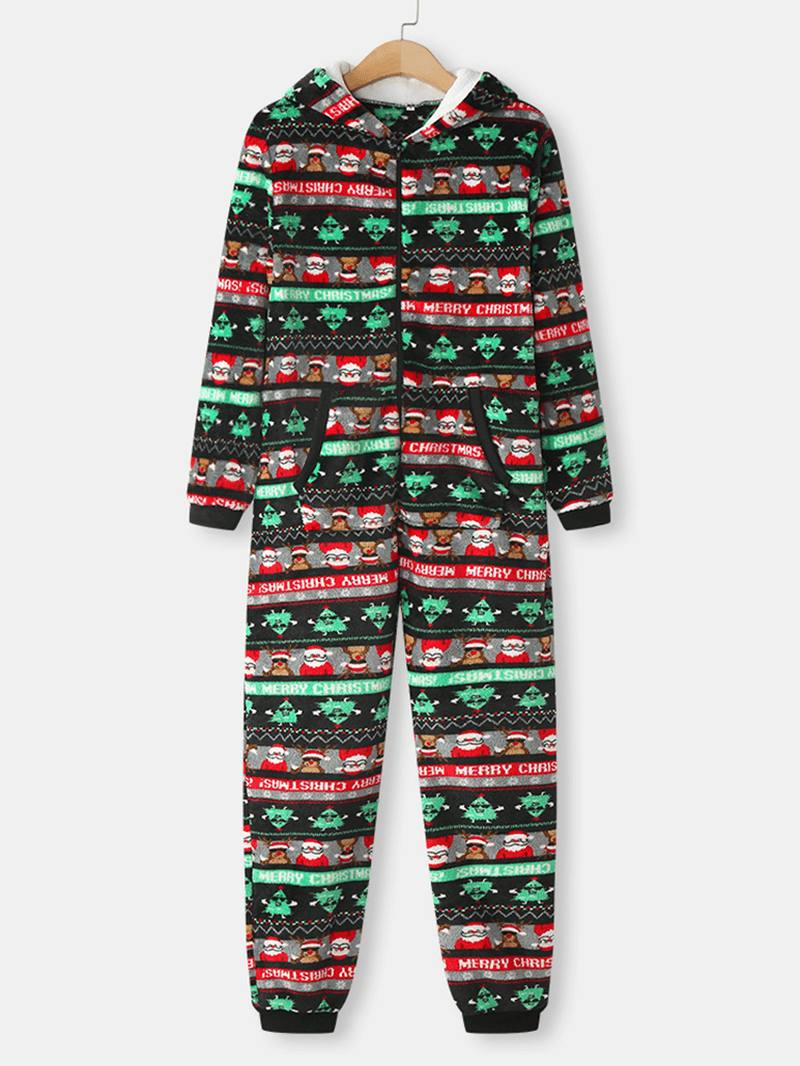 Naisten Jouluflanellipaineilla Painettu Vetoketjullinen Korvan Yksityiskohta Pitkähihaiset Onesies-hupulliset Pyjamat