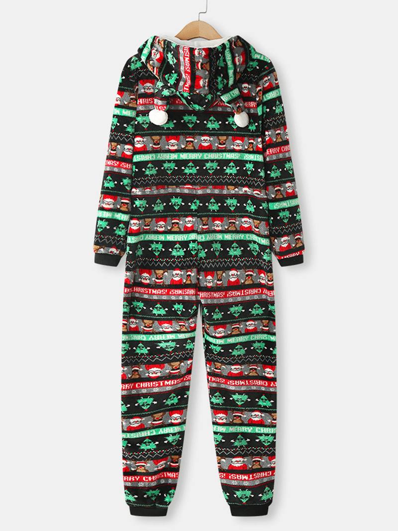 Naisten Jouluflanellipaineilla Painettu Vetoketjullinen Korvan Yksityiskohta Pitkähihaiset Onesies-hupulliset Pyjamat