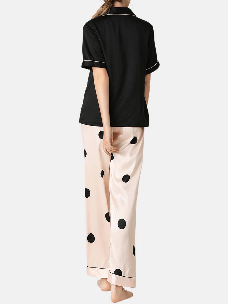 Naisten Musta Revere-kaulus Lyhythihainen Toppi Polka Dot Pants Faux Silk Home Pyjama-setti