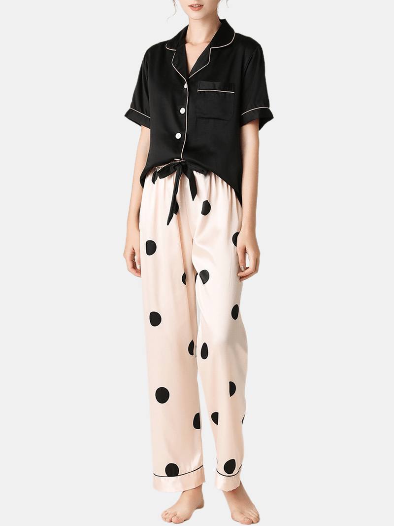 Naisten Musta Revere-kaulus Lyhythihainen Toppi Polka Dot Pants Faux Silk Home Pyjama-setti