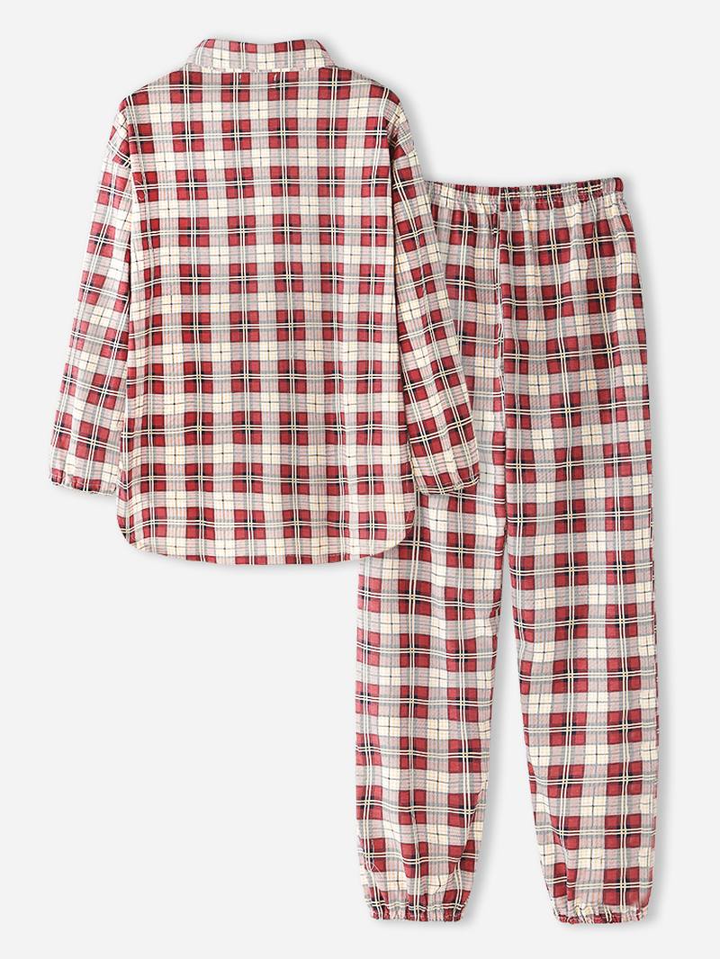 Naisten Ruudullinen Painatus Käänne Korkea-matala Helma Paita Jousto Vyötäröhousut Koti Pyjama Set