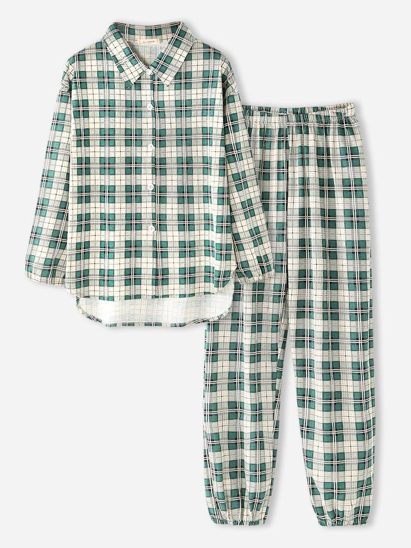 Naisten Ruudullinen Painatus Käänne Korkea-matala Helma Paita Jousto Vyötäröhousut Koti Pyjama Set