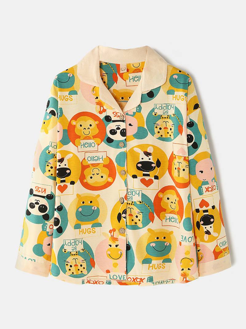 Naisten Sarjakuva Multi Animal Painatus Button Up Pitkähihainen Joustava Vyötärö Koti Puuvilla Pyjama Set